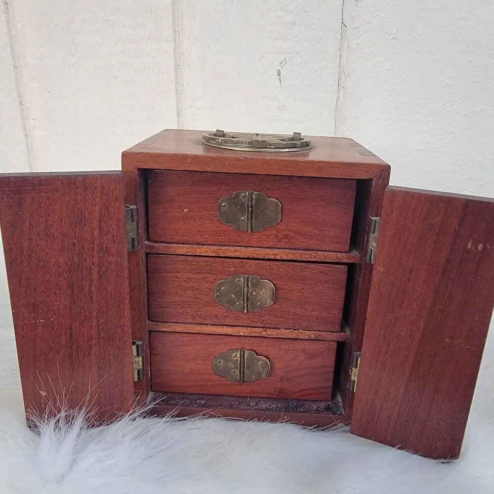 Vintage  Rosewood  Asian wood & brass 3 drawer silk lined Jewelry box